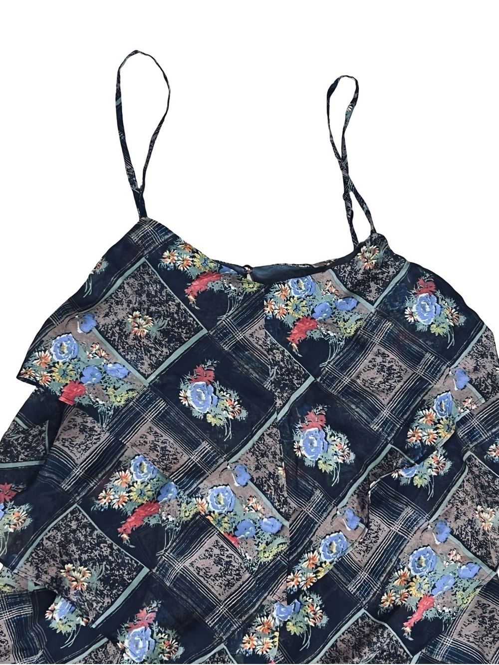 Free People Women’s 10 Floral Mini Dress Daisy Chain Plaid Chiffon Asymmetrical - Picture 4 of 13